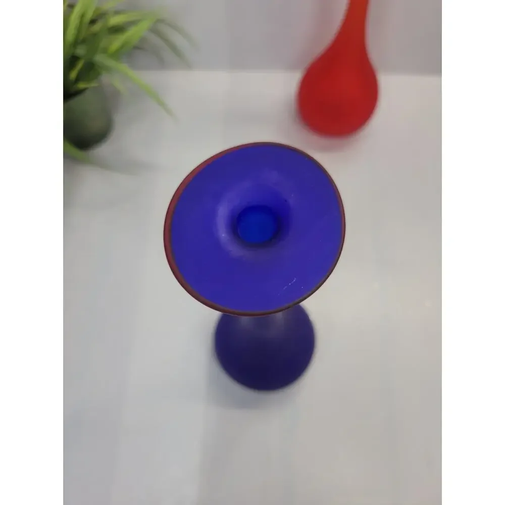 Vintage Pier 1 Imports Long Neck Bud Vases, Cobalt Blue Red Satin Glass Set
